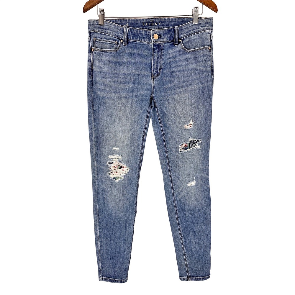 WHBM Floral Peekaboo Disrressed Skinny Ankle Cotton Blue Jeans Womens Size 6